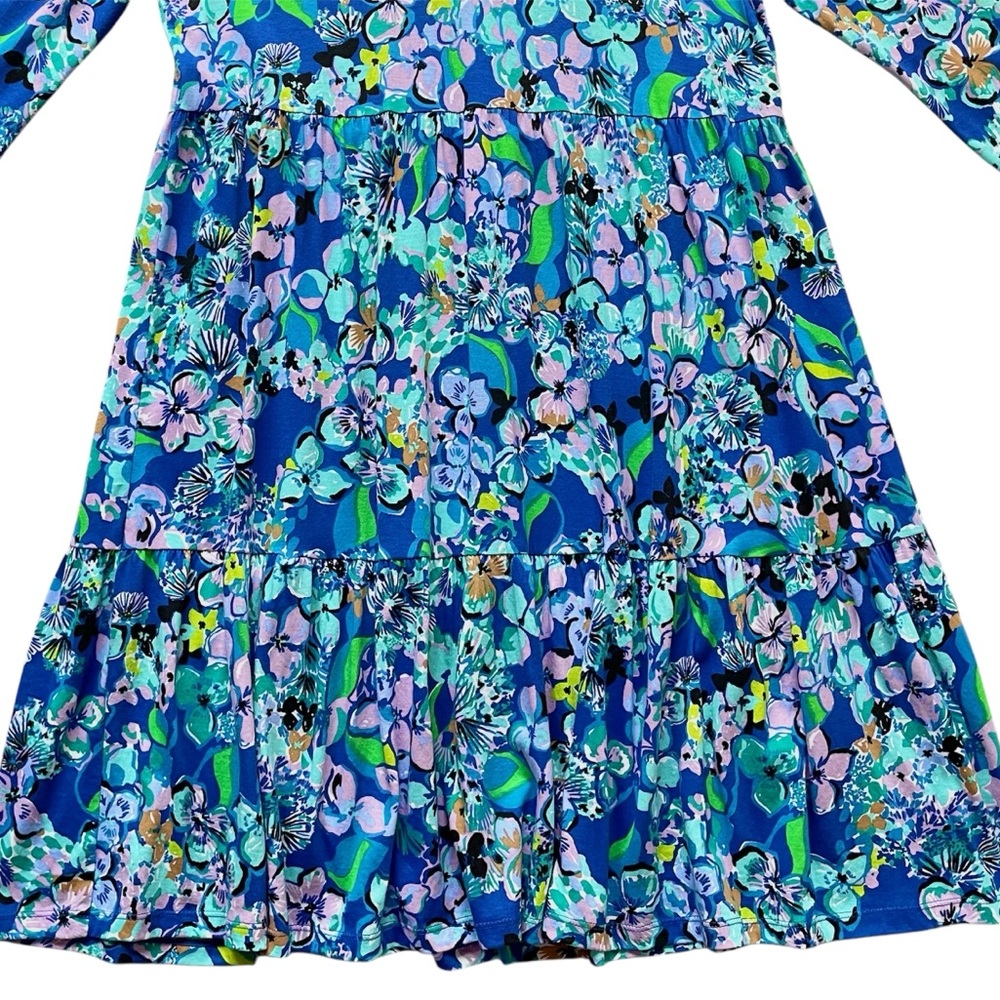 đź’™Lilly Pulitzer Alaina 3/4 Sleeve Tiered Swing Dress Blue Grotto Twilight Tropic - Picture 8 of 15